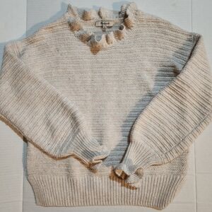 Madewell Ruffle Mock Neck Ribbed Knit Sweater XS Cream Ivory
